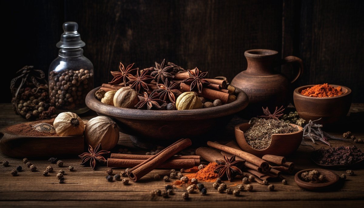 Rustic bowl of aromatic whole spices