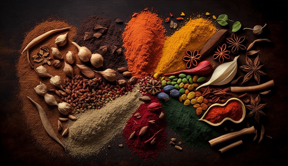 Colourful collection of spices and herbs